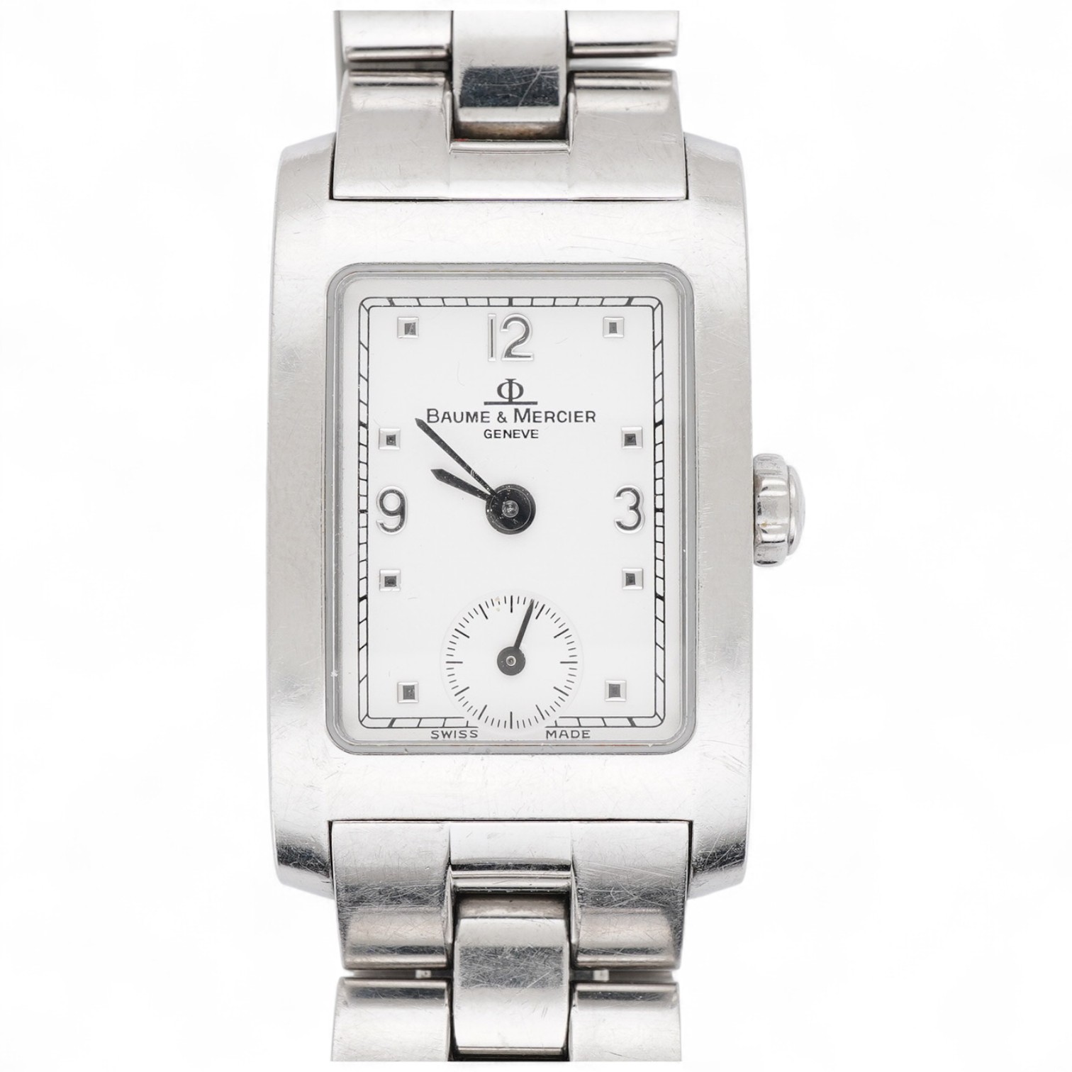 A lady's late 1990's stainless steel Baume & Mercier quartz wrist watch, with white rectangular dial and subsidiary seconds, case diameter 20mm, with guarantee card and booklet.